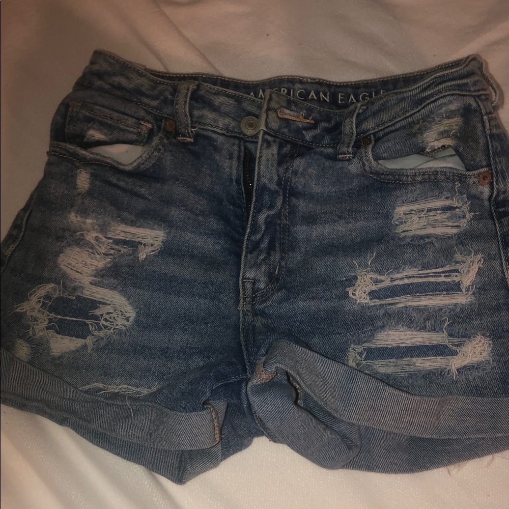 American Eagle Outfitters Ripped Rolled-Hem Denim Shorts - Blue